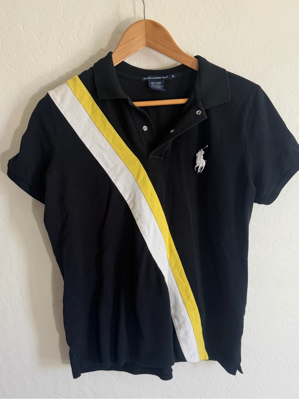 Ralph Lauren Golf Women’s XL Big Pony Polo Shirt Black Yellow White Stripe